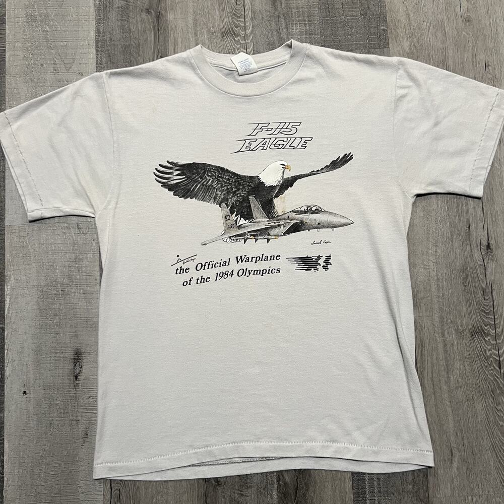 VTG 1984 Olympics F-15 Eagle Fighter Jet Grey Official Warplane 80s T Shirt Sz L